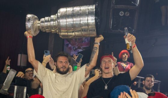 Dmitry Kulikov and Anton Lundell of the Florida Panthers are seen celebrating the 2025 Stanley Cup win at E11EVEN Miami on June 19, 2025 in Miami, Florida.
