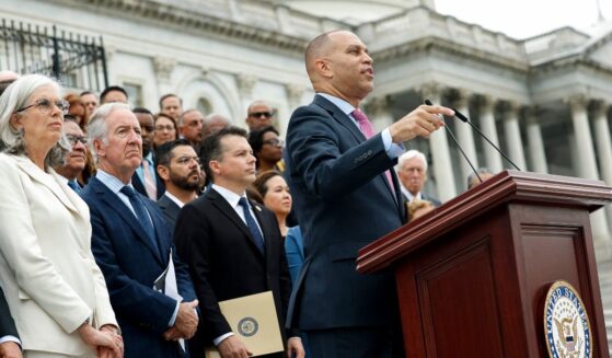 House Minority Leader Rep. Hakeem Jeffries (D-NY), joined by fellow Democrats, speaks out against the One, Big, Beautiful Bill Act at a press conference outside of the U.S. Capitol on July 2, 2025 in Washington, DC.